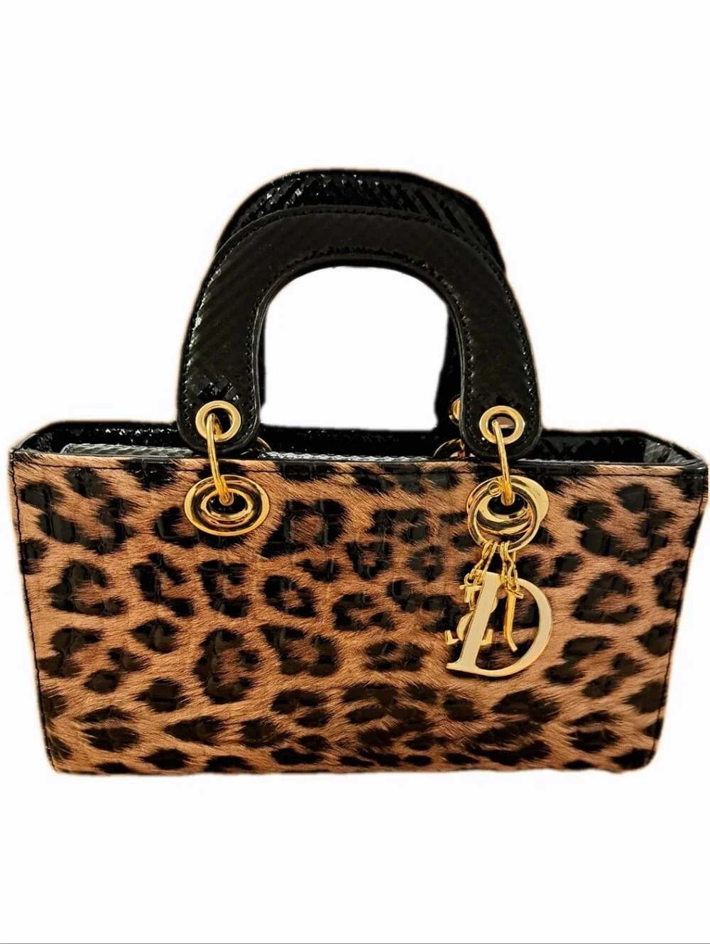 Textured Hard-Sided Leopard Print Satchel, Gold Hardware & Letter Charms, Twilly